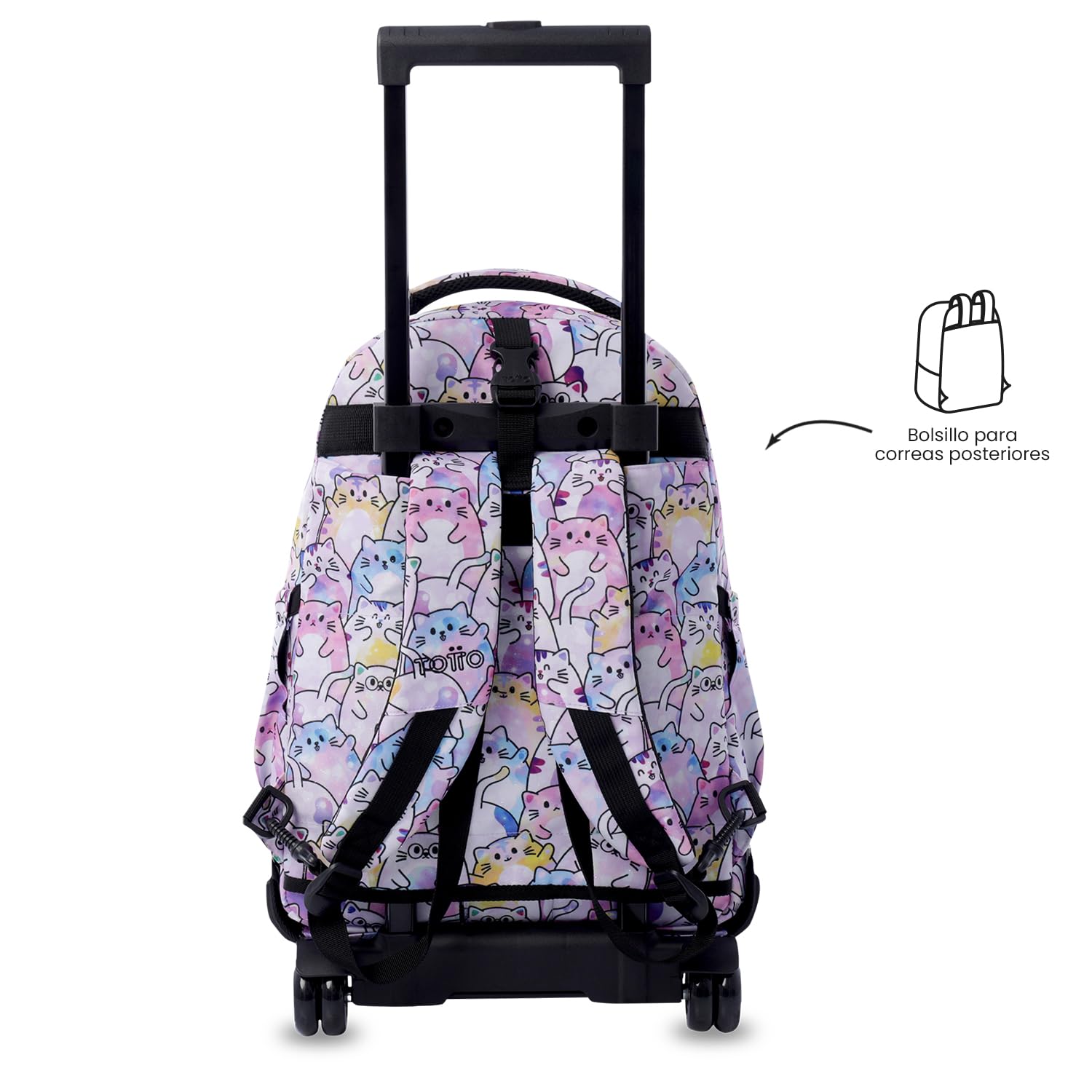 TOTTO - Mochila Escolar con Ruedas Desmontables, Modelo Tiza Glitter, Capacidad 26 L, Mochila PC 15.4", Bolsillo Botella, Manija Telescópica, Espaldar Ergonómico y Correas en S, Estampado Paws Rosa