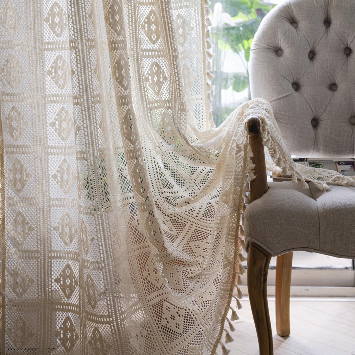 Bringsine Crochet Floral Farmhouse Curtains Closet Semi-Blackout Living Room Drapes 84 Inch Length Cotton Linen Blend Short Bohemian Window with Tassel Beige Rod Pocket Bedroom, 1 Panel