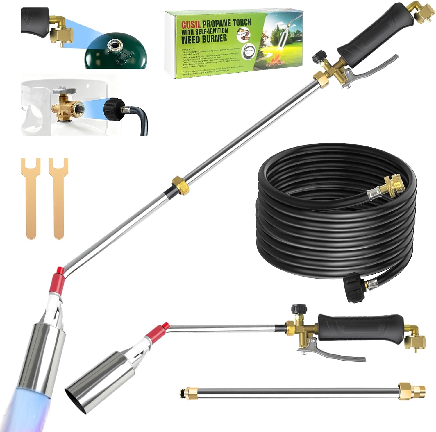 Propane weed torch, Blow Torch High Output with 14FT hose, Extended detachable blow torch with self-igniter and Turbo Trigger, for Weeding,Roofing,Melting Snow,Road Paint Removing