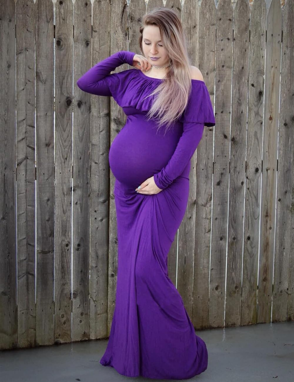 JustVH Maternity Fitted Elegant Gown Long Sleeve Off Shoulder Ruffles Maxi Photography Dress for Photoshoot - Image 2