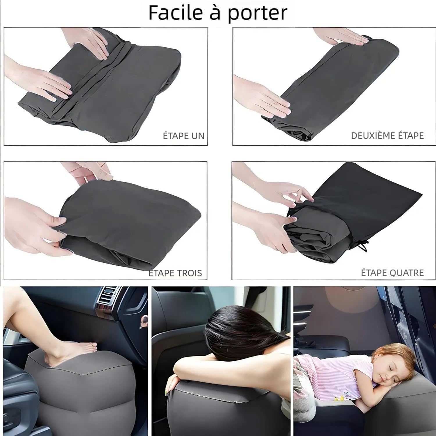 Lot de 2 repose-pieds gonflables pour enfants, coussin de voyage réglable en hauteur pour avions, voitures, bureau, essentiels de voyage en avion (gris foncé)