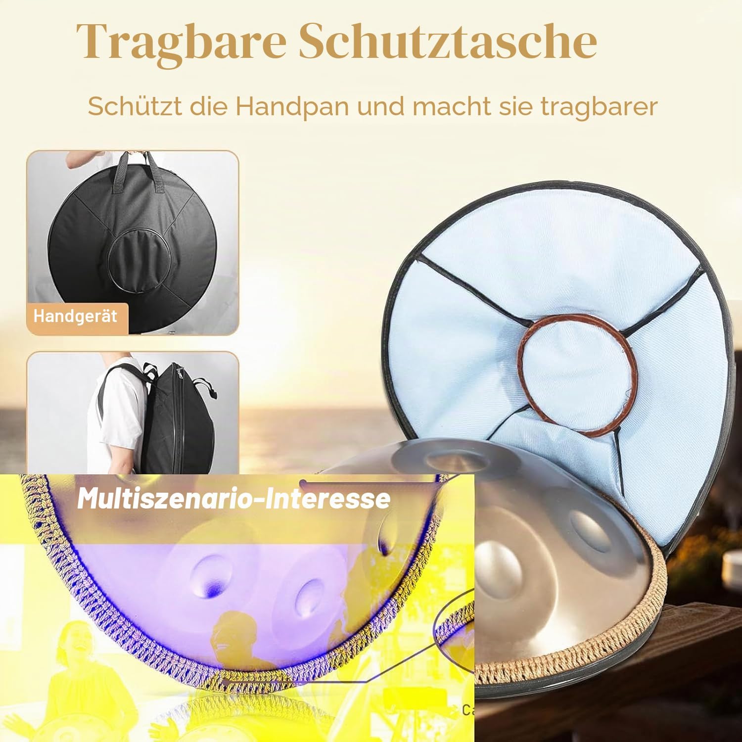Golden Handpan Drum mit 9/10/12/14 Noten - 22 Zoll "Gold Performer" in d-Moll, weiche Hülle und strapazierfähiger Ständer