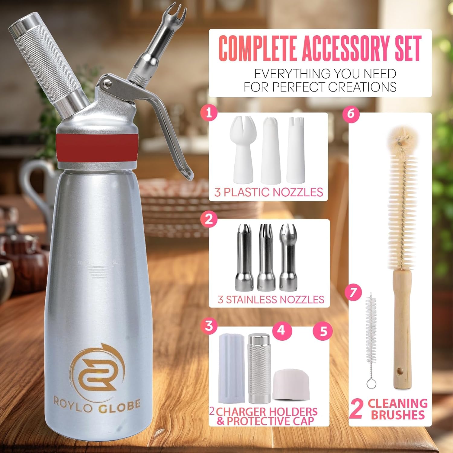 Professional Whipped Cream Dispenser-500ml Whipped Cream Maker With Silicone Grip-Heavy Duty Homemade Whipped Cream Dispenser-Whip Cream Canister With 6 Stainless Steel&Plastic Tips,2 Cleaning Brushes