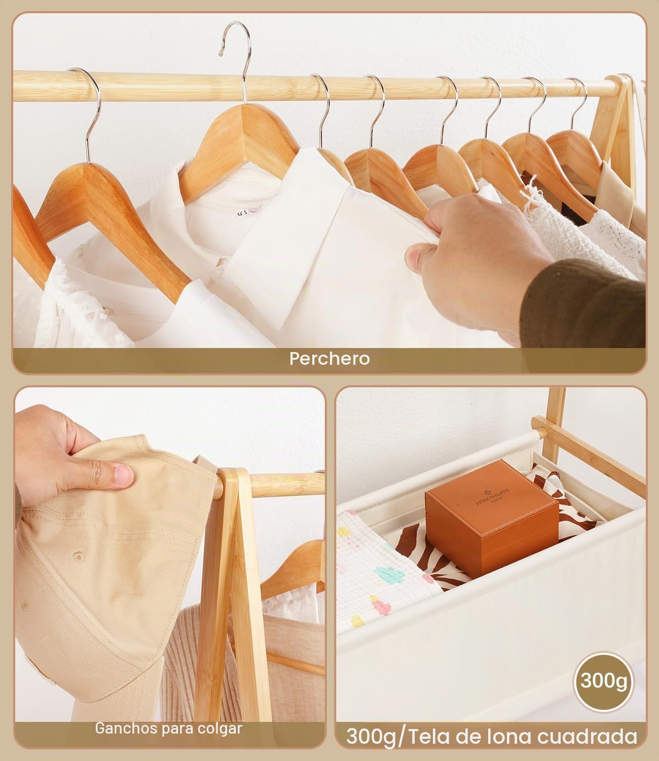 Perchero de Bambú, Perchero de Guardarropa con Armario Abierto y Bolsa de Almacenamiento, Barra con Ganchos, Estable para Dormitorio y Pasillo (S)