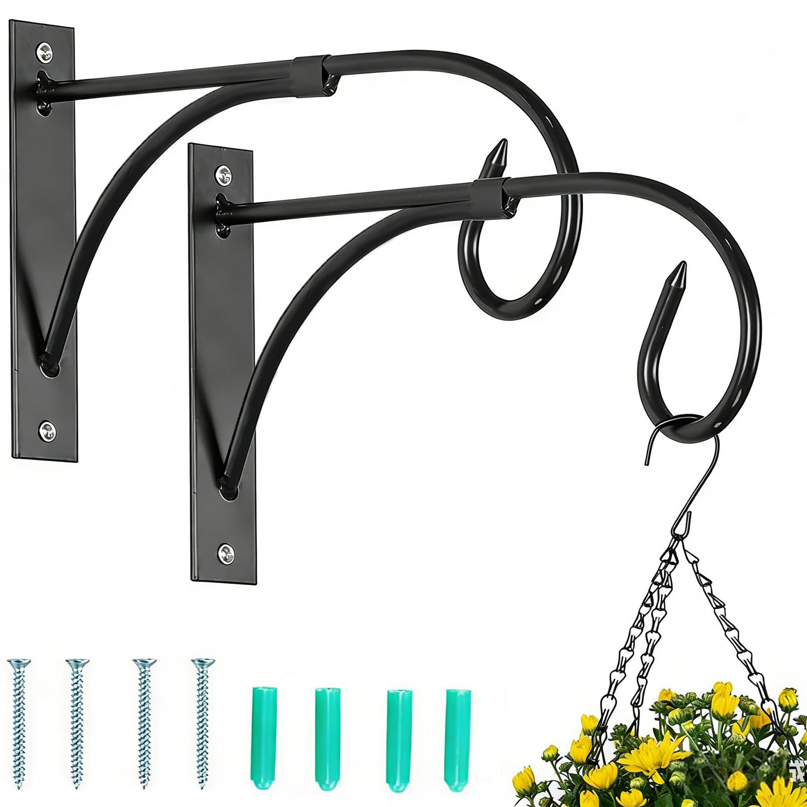 Nuptio Black 2 Pcs Hanging Basket Brackets: Outdoor Metal Garden Hooks For Wall Hanging Plants, Fence Lanterns, Bird Feeders Hanger