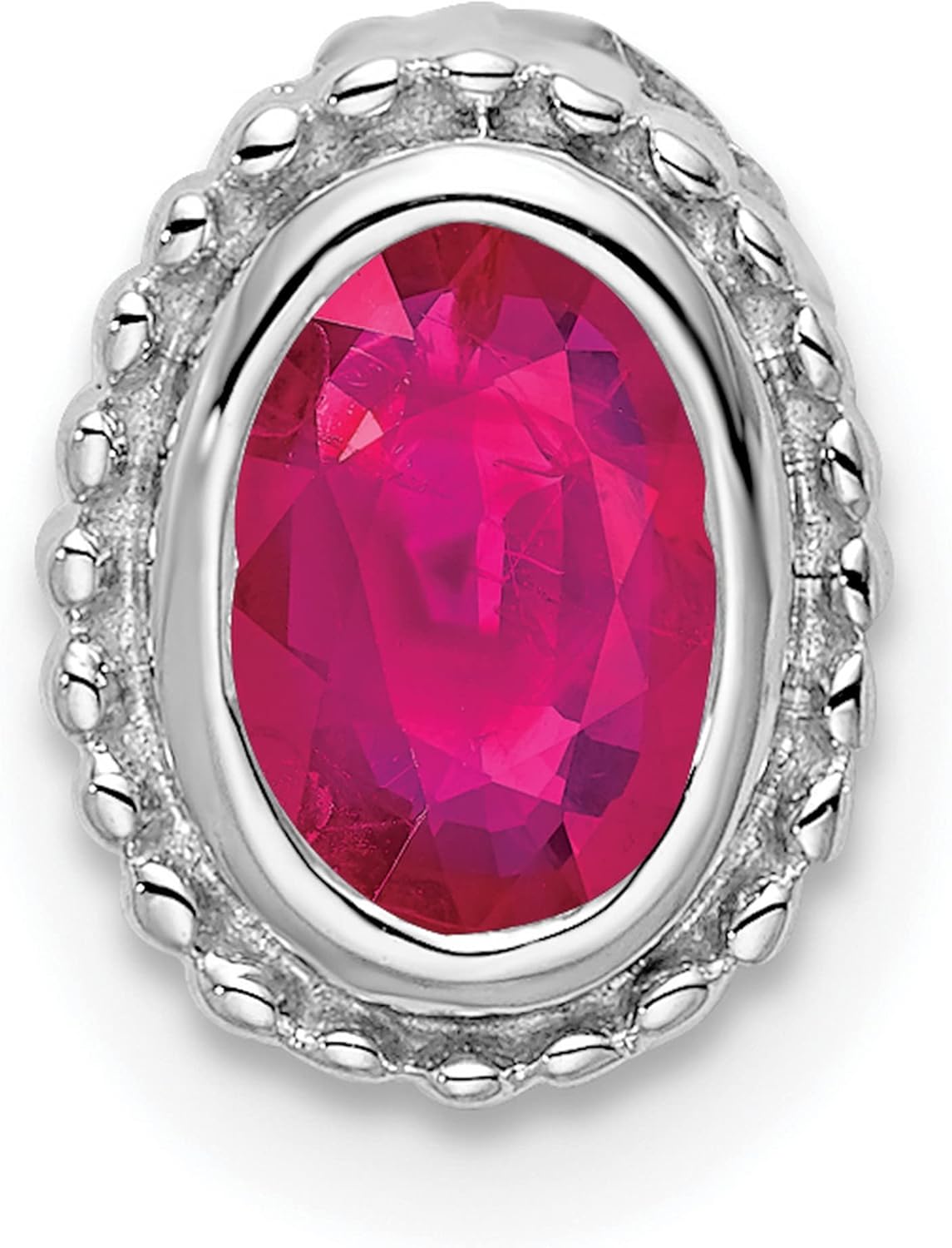 14k White Gold Oval Ruby Pendant Charm with Beaded Edge for Necklace or Bracelet, Red Gemstone Jewelry Slide, Womens Fine Jewelry Accent, Ruby Love Symbol, Delicate Gemstone Dangle 9 mm x 7 mm