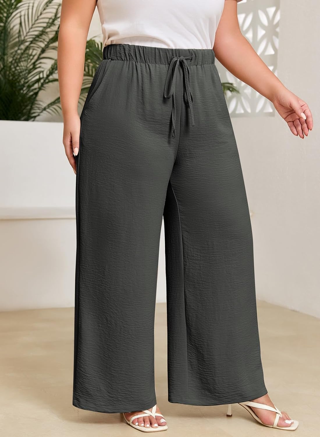 Eytino Womens Plus Size Pants Summer Elastic High Waist Drawstring Casual Loose Wide Leg Trousers Pants with Pockets(1X-5X) - Image 3