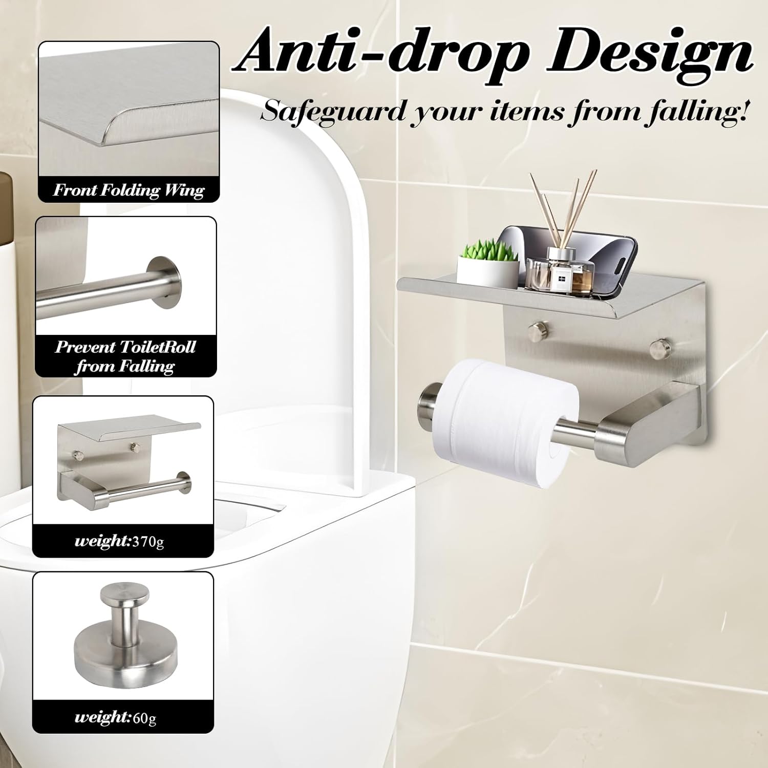 PROSPERIDAD Stainless Steel Wall Mount Shower Caddy + Toilet Paper Holder Set