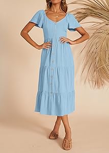 KIRUNDO Women 2025 Spring Summer Casual Short Sleeve Midi Dress Button V Neck Tiered Vacation Sundress with Pockets