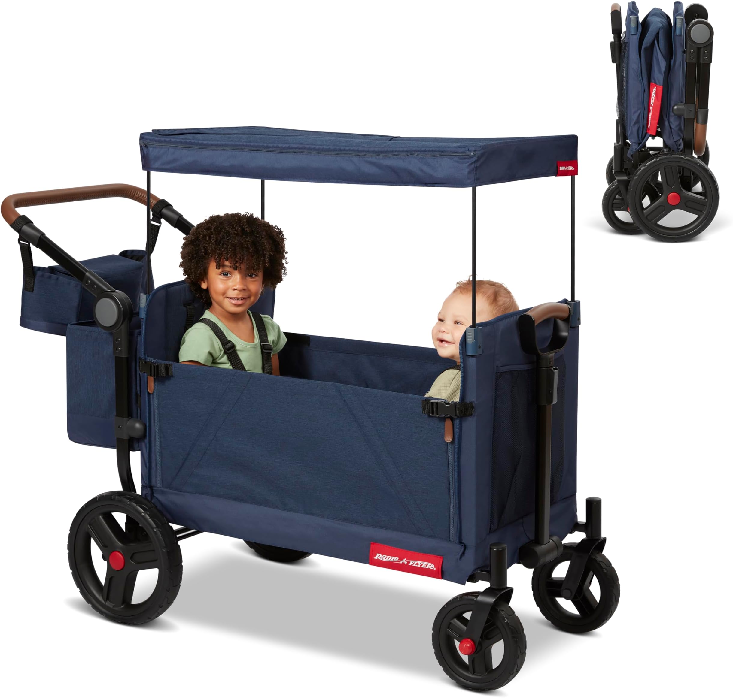 Atlas Stroll 'N Wagon, Navy Blue, For Ages 1+, 3-in-1 Push or Pull Versatility, One-Hand Fold, UV Canopy, 5-Point Harnesses, Storage Capabilities, Rubber Wheels, Stroller Wagon for Kids
