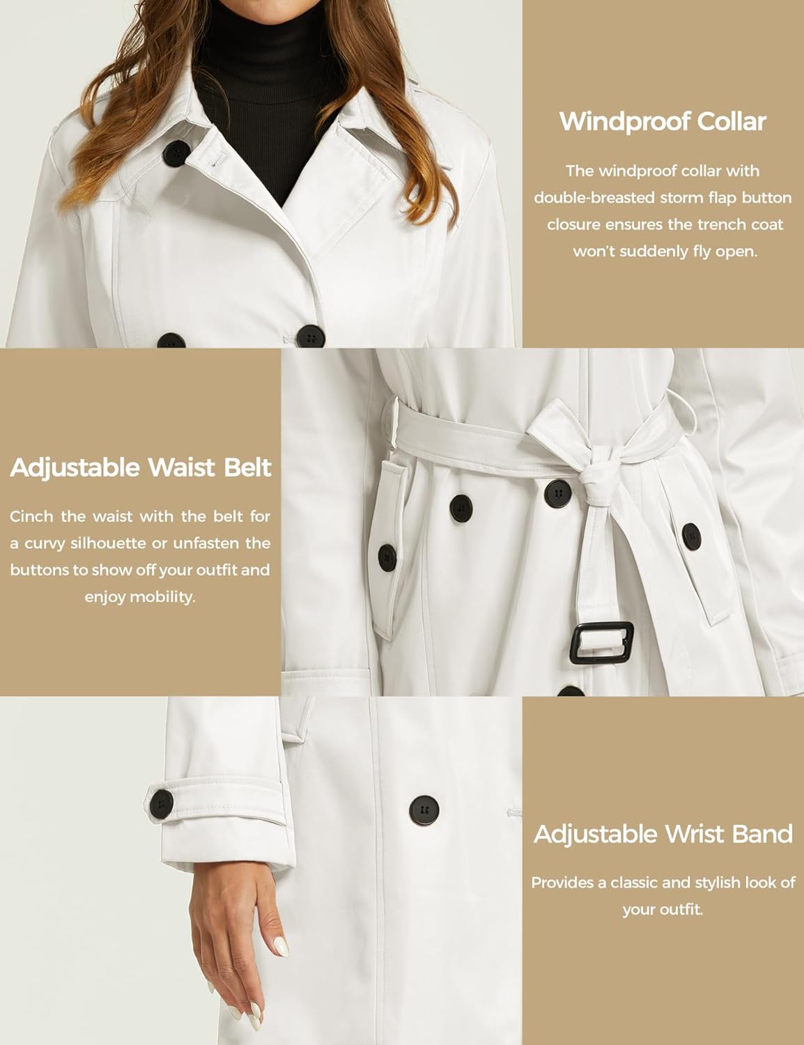 wantdo Women's Waterproof Trench Coat Classic Lapel Outerwear Coat with Belt - Image 5