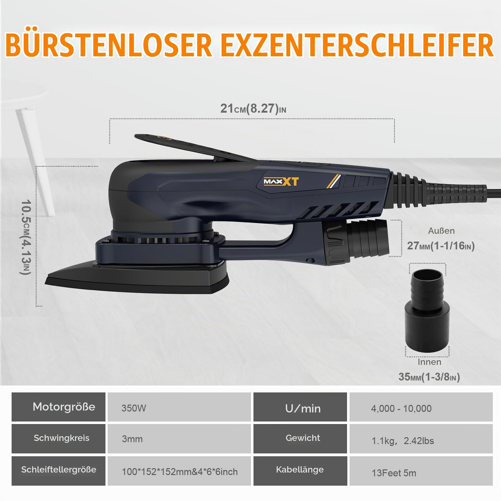 MAXXT Profi Bürstenloser 3mm Dreieck-Schleifer - 350W Starker EC Motor, Geschwindigkeitsregulierung, Lieferung Mit 10 Premium Schleifpapieren Für Präzisionsschleifen Von Holz