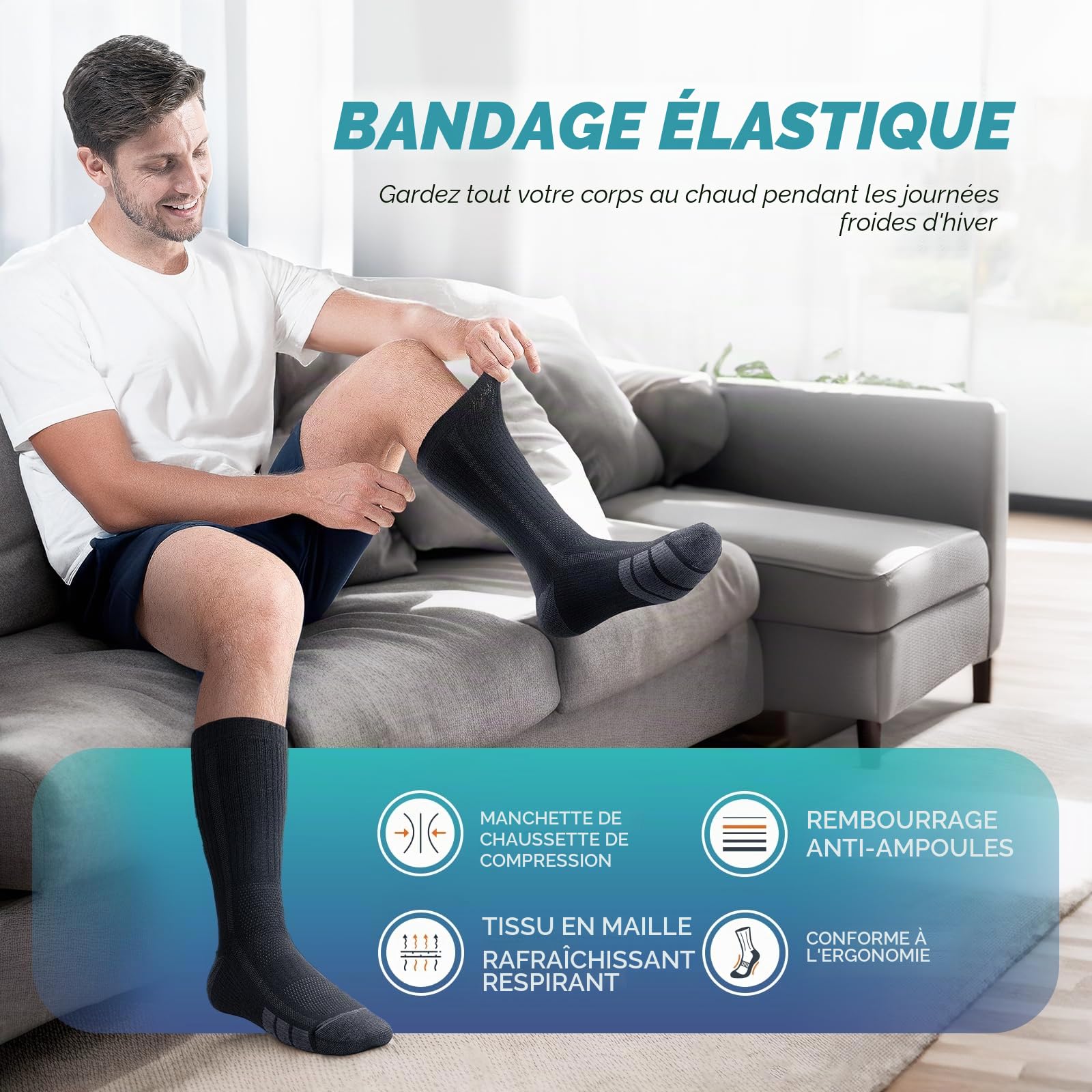 TANSTC Chaussettes Homme Femme 43-46 39-42 35-38 47-50 Chaussette Antidérapante Respirant de Randonnée en Laine Mérinos, Chaussettes Hautes Sports Trekking Course, 3 Paires