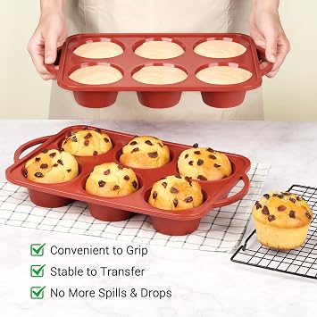 JOERSH Jumbo Muffin Pan with Metal Frame, 2 Pack, 6 Cups | Large Cupcake Mold with Handles, Non Stick, Silicone Baking Tray, For Jumbo Muffin, Cupcake, Egg Bite