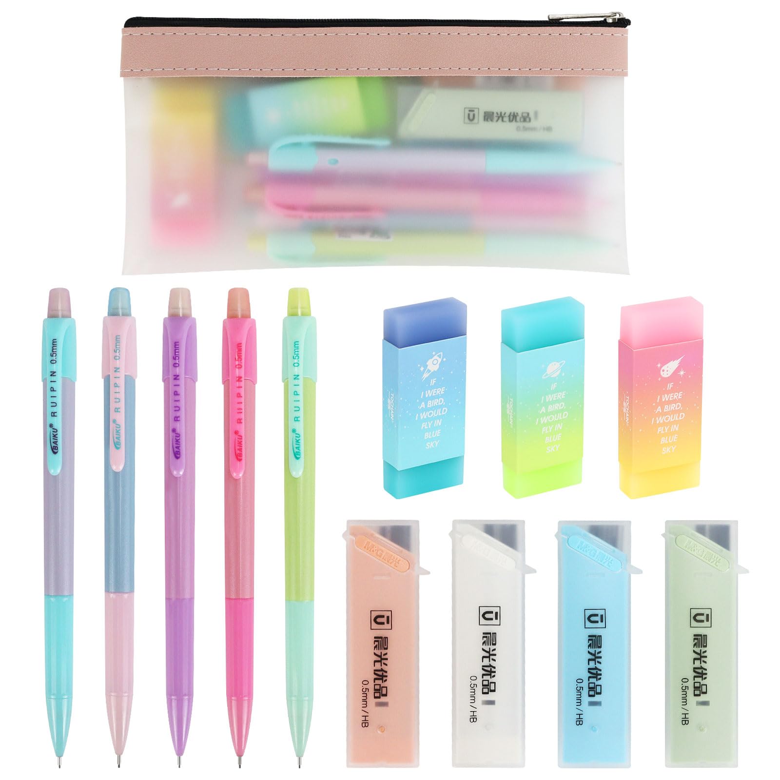 Buqoo Juego de portaminas, 5 lápices mecánicos pastel de 0.5 mm, 3 gomas de borrar degradadas de gelatina de caramelo con 80 recambios de mina HB 0.5 y bolsa con cremallera para arte, lápices de