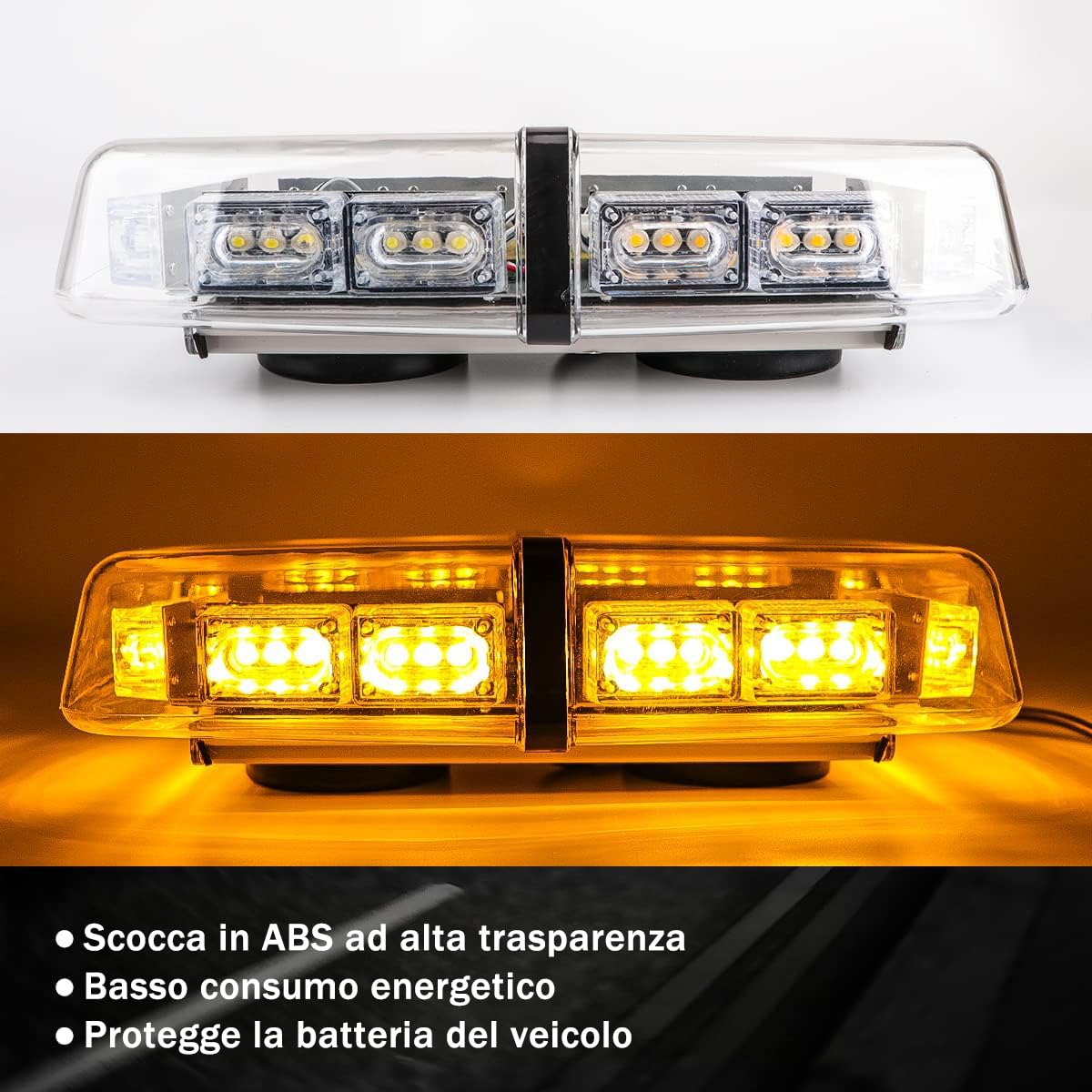 Mini Barra LED Stroboscopica Magnetica 36 LED Ambra 12V/24V, Luce di Emergenza con 7 Modalità Flash IP66 per Camion, Taxi, Veicoli da Cantiere e Sicurezza Stradale