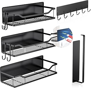 5 Pack Multifunctional Magnetic Shelves for Refrigerator Spice Rack & Washing Machine Organize, Include Paper Towel Holder, Kitchen Utensil Hanger and Hooks, Strong Magnet for Secure Hold (Black)