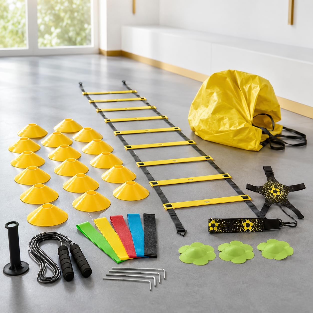Set Completo Agilità Calcio, Attrezzatura Allenamento Velocità con Cinesini, Coni, Paracadute e Borsa Trasporto