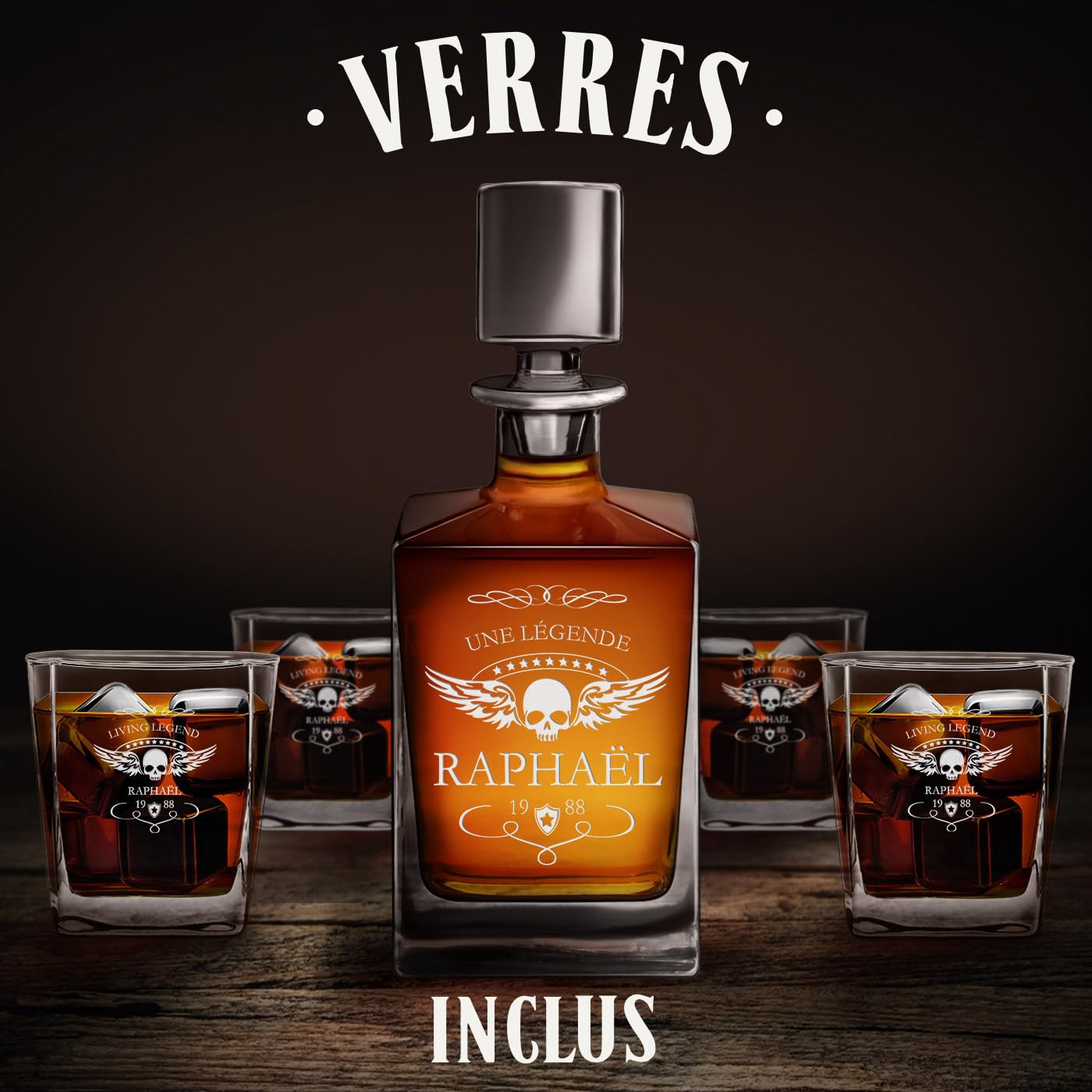 Maverton Ensemble Carafe Whiskey Originale et 4/6 Verres pour Hommes | Set Whisky gravé, Motif décoratif, Service Personnalisable pour Lui, Gentleman, pour Anniversaire, Légende