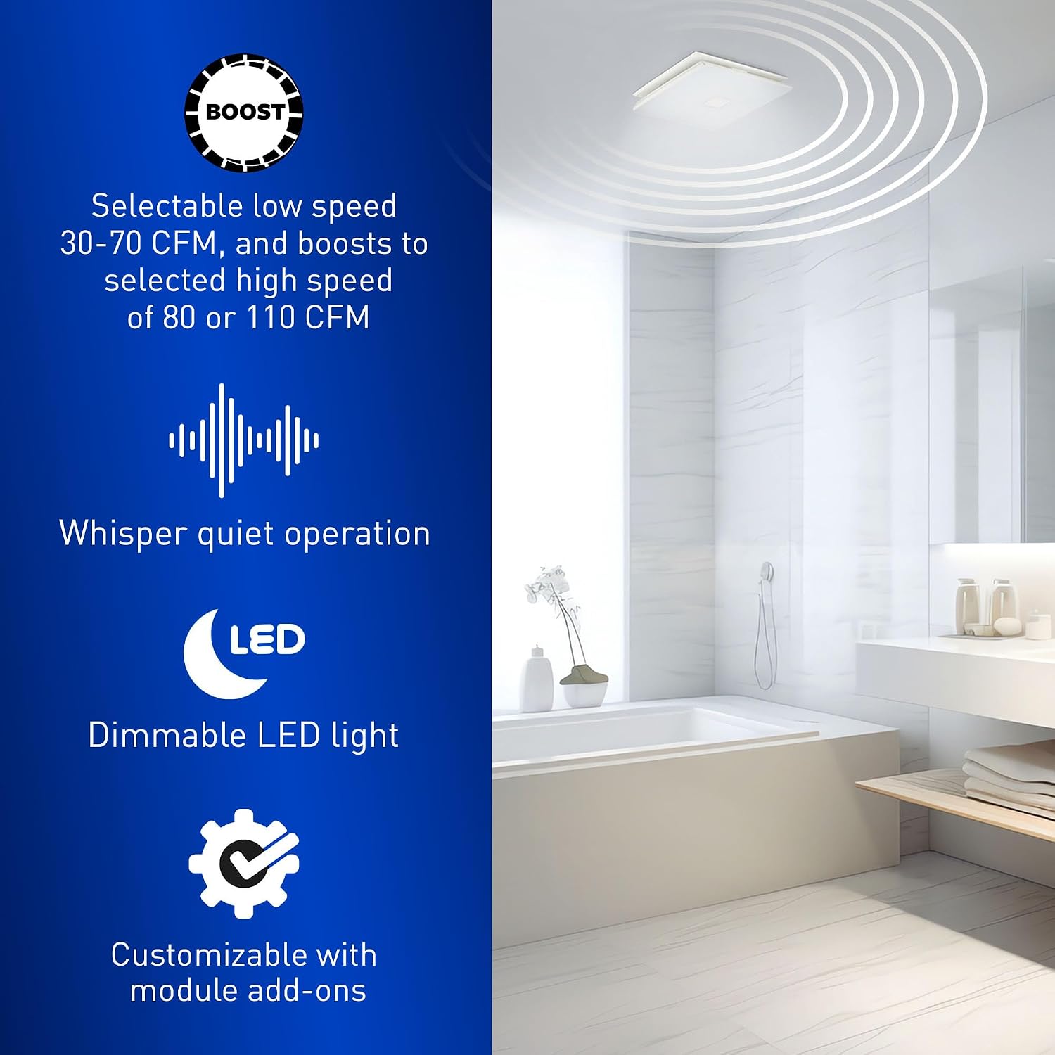 Panasonic WhisperGreen Select Dual Speed Ceiling Mount Exhaust Fan with Selectable 5CCT LED Light, Customizable, 30 to 110 CFM, FV-0511VKSL3K