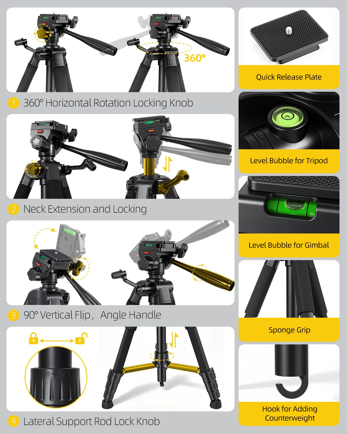 Trípode de aluminio resistente de 60 pulgadas, trípode de nivel láser de 0.8 mm de grosor con cabeza panorámica de 360° y patas hexagonales para nivelación láser, con rosca de 1/4 y 5/8, para nivel