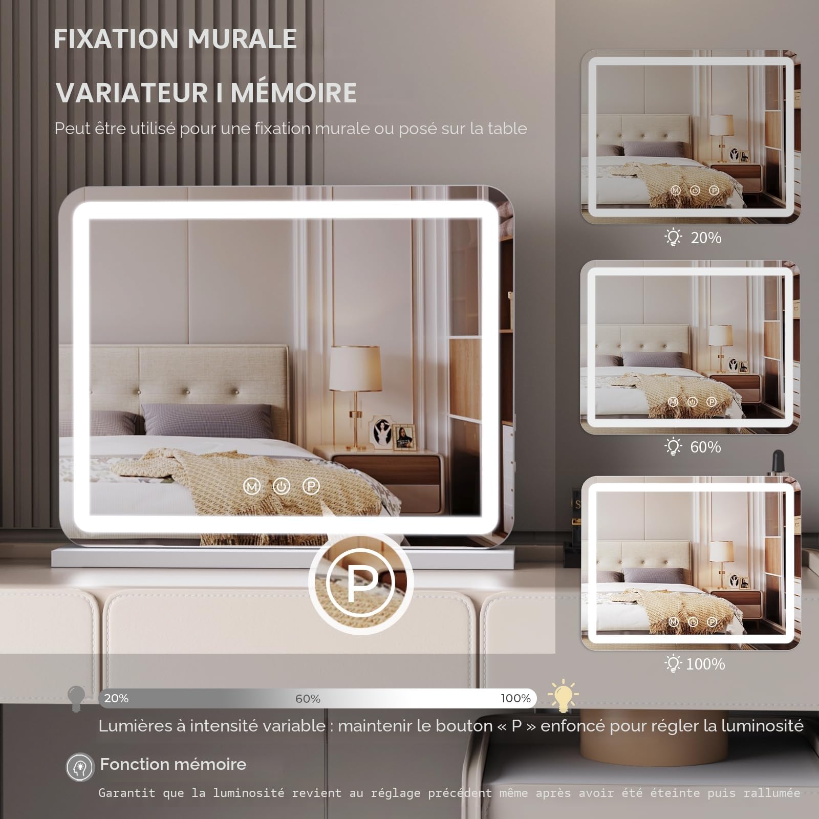 ZL ZELing Miroir Coiffeuse 58 x 48cm, Miroir LED Hollywood Contrôle Tactile, 3 Modes de Couleur, Luminosité Réglable, Port USB, Miroir de Table et de Mur - Blanc
