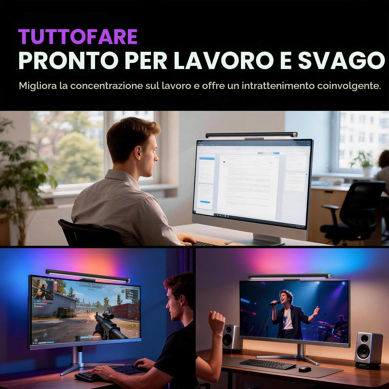 LYMAX Barra luminosa per monitor con retroilluminazione RGB, barra luminosa per computer per la cura degli occhi e lampada da scrivania a LED alimentata tramite USB, 45 cm, con memoria dimmerabile per