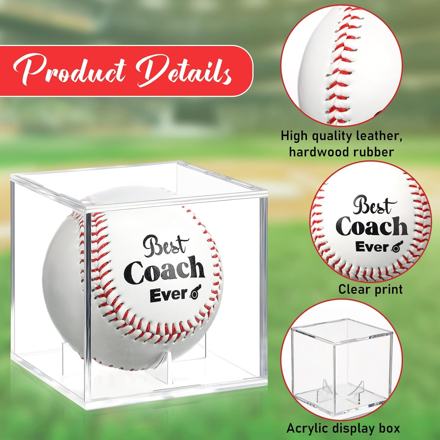 Lunmon 8 Pcs Baseball Gifts for Coach Men Gifts 4 Best Coach Ever Printed Leather Baseball with 4 Acrylic Displaying Box for Team Wedding Gift