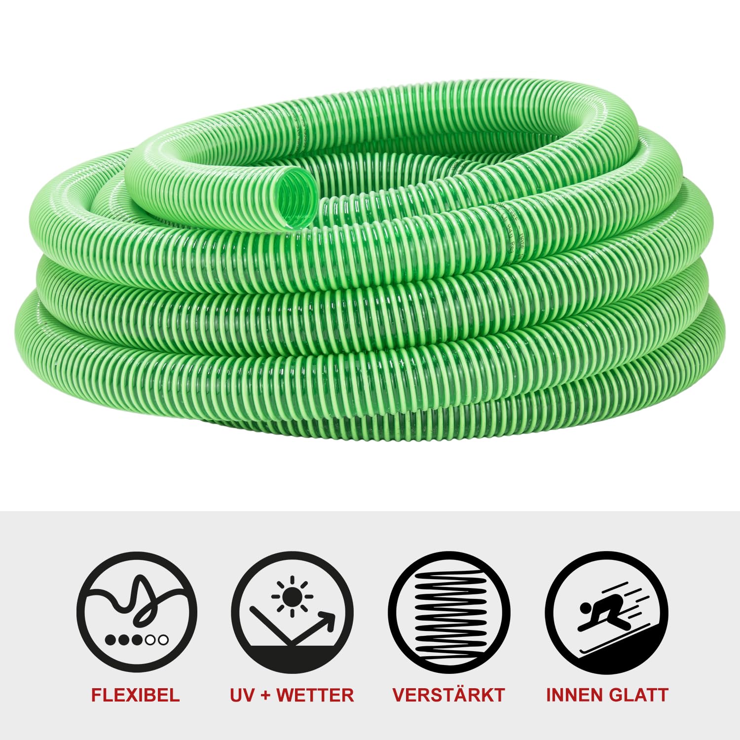 FLEXTUBE GR Ø 45mm Länge 20m PVC Schlauch, Spiralschlauch, Saugschlauch mit Hart PVC Spirale, grün transparent