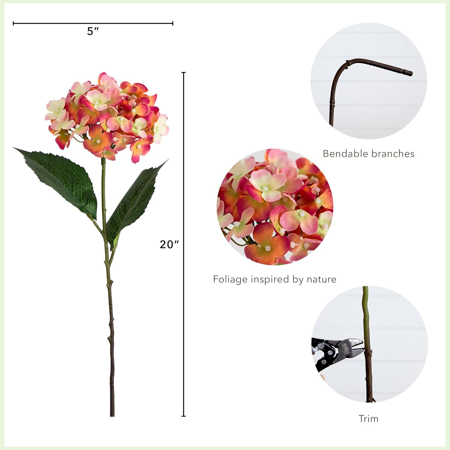 Nearly Natural 20-in Artificial Hydrangea Flower Stems, Set of 3 Long Stem Artificial Flowers for Home or Office Décor, Faux Hydrangea Flower Stems in Pink for DIY Decoration