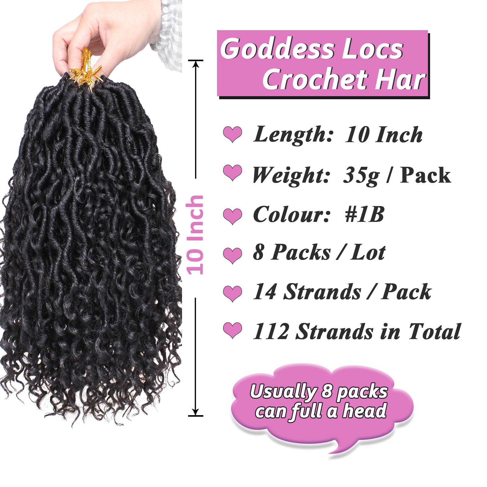 Häkelhaar, Göttin, Naturschwarz, 25,4 cm, 8 Packungen, vorgeschlungenes Kunsthaar, Bohemian-Locs, Häkelzöpfe mit lockigen Enden, für Damen, 25,4 cm, 8 Packungen (#Schwarz)