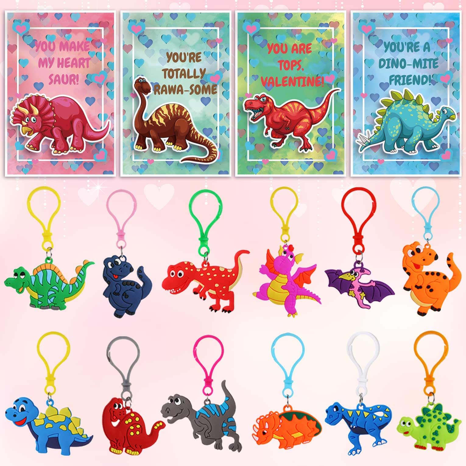 UPINLOOK 24 Pack Valentines Day Gifts Cards for Kids Classroom School Valentines Exchange Cards with Dinosaur Keychain for Girls Boys Party Favors
