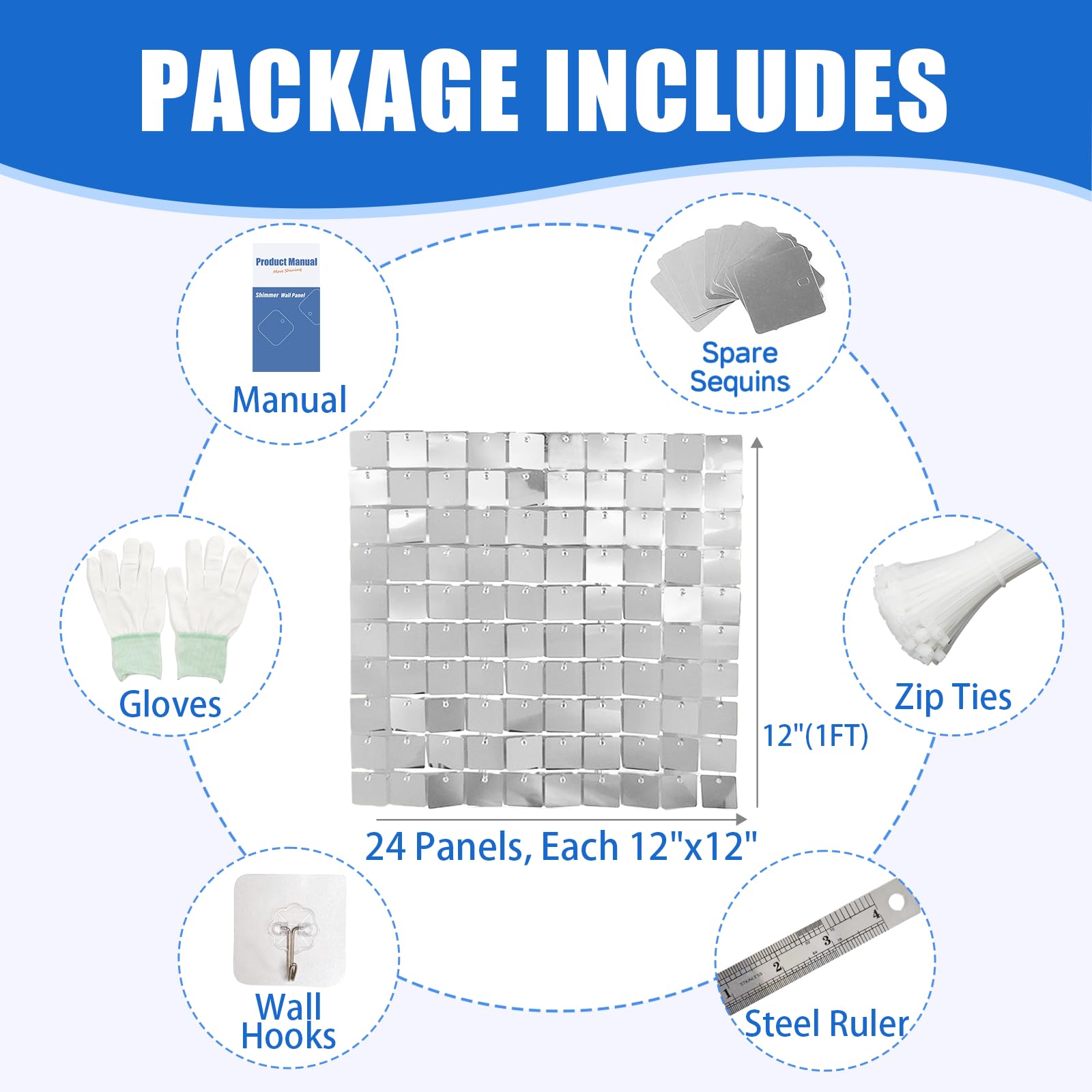 Condition photo showing New/Like New for 24 pcs silver shimmer wall backdrop panels for party decoration, 12 inch x 12 inch silver sequin backdrop for birthday graduation anniversary engagement