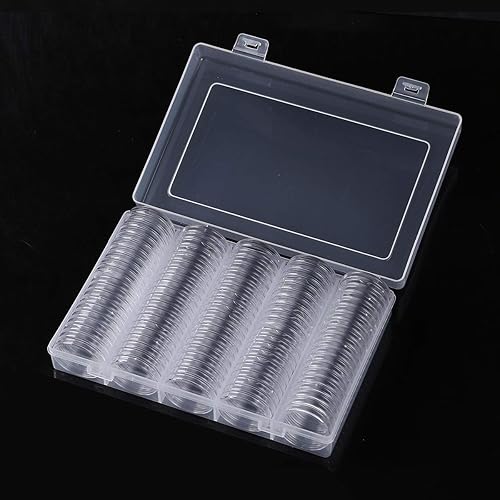TiaoBug 100 unidades de 1.181 in para cápsulas de monedas con junta protectora con caja organizadora de almacenamiento de plástico para suministros