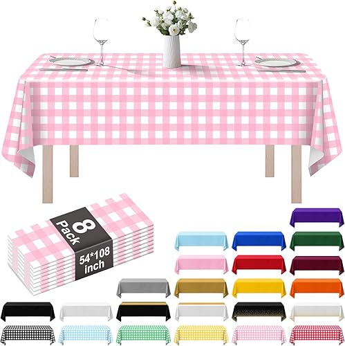 Vista 57 de Paquete de 8 manteles de plástico de 54 x 108 pulgadas, manteles desechables para mesas de 6 a 8 pies, mantel rectangular para mesas para fiestas