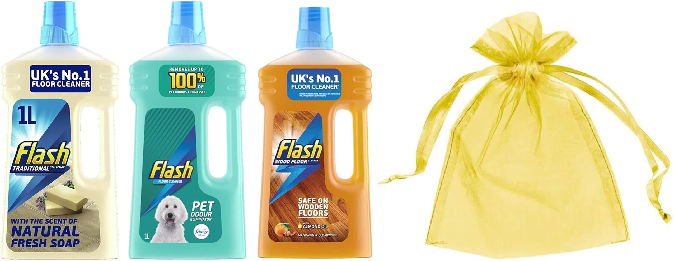 Flash All Purpose & Floor Cleaner: Flash with Natural French Soap & Lavender,1L+Flash for Pet Lovers with Febreze,1L+ Wood Floor Cleaner, Mandarin & Cedarwood,1L+Our Gift for you: Organza Bag9x7x0.1cm
