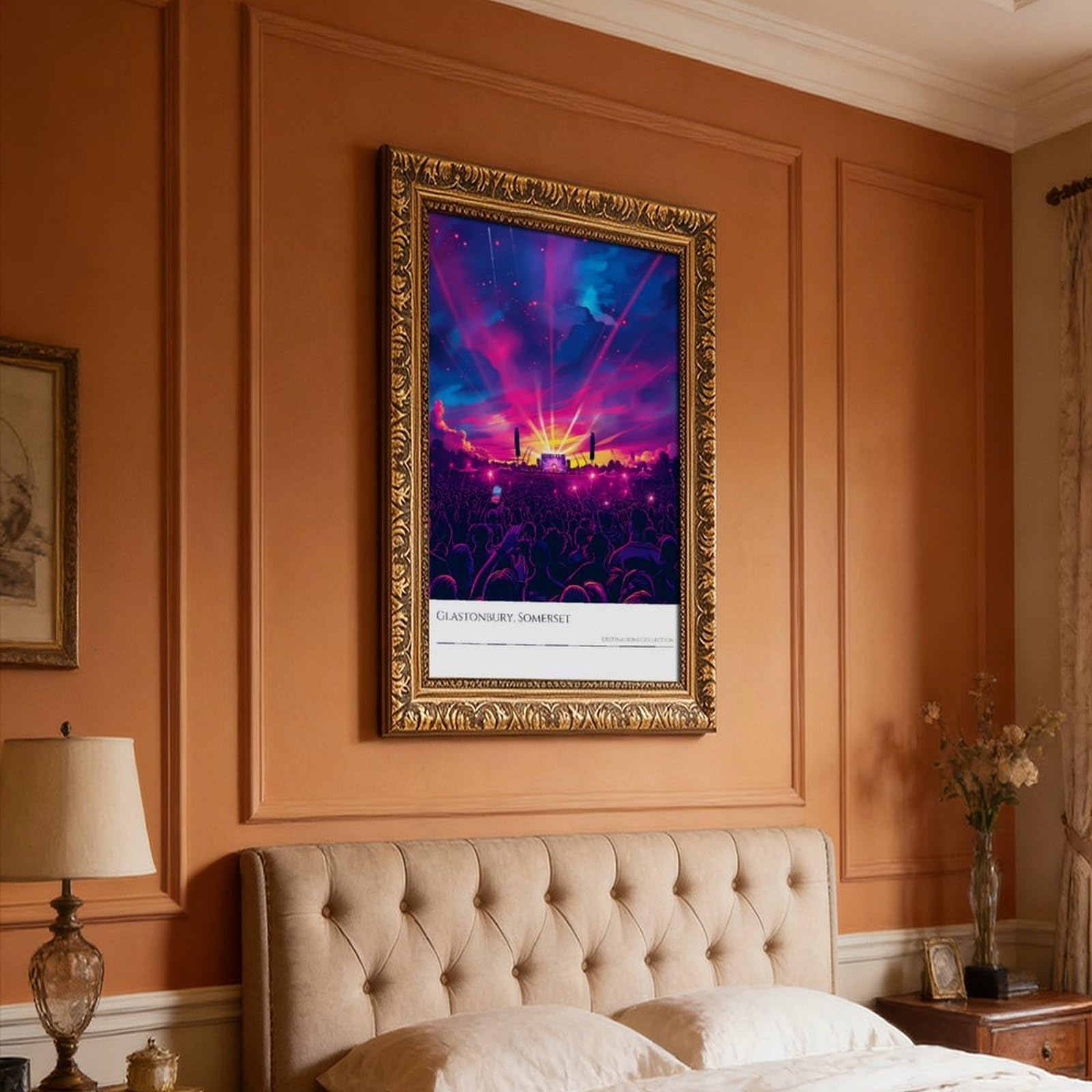 Poster di Glastonbury Festival viola Light Show Music Memorabilia Canvas Poster Wall Art Decor Stampa Dipinti per Soggiorno Camera da Letto Decorazione Retro Cornice Dorata 40,6 cm L x 61 cm W