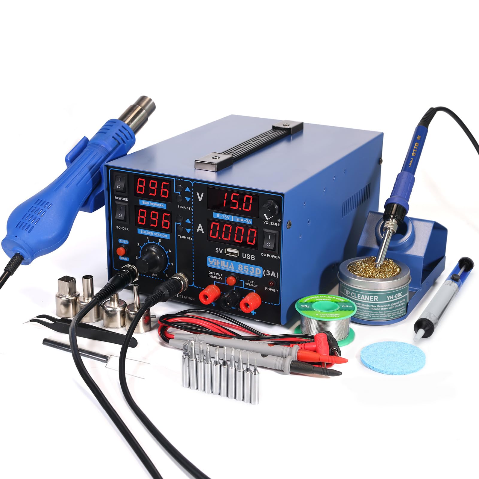 853D USB 3A-Three Tools- Soldering Station, Hot Air Rework Station and Power Supply 0~3A, 0-15V with output and test modes. Also ºC/°F display, Digital Cal, Sleep Function