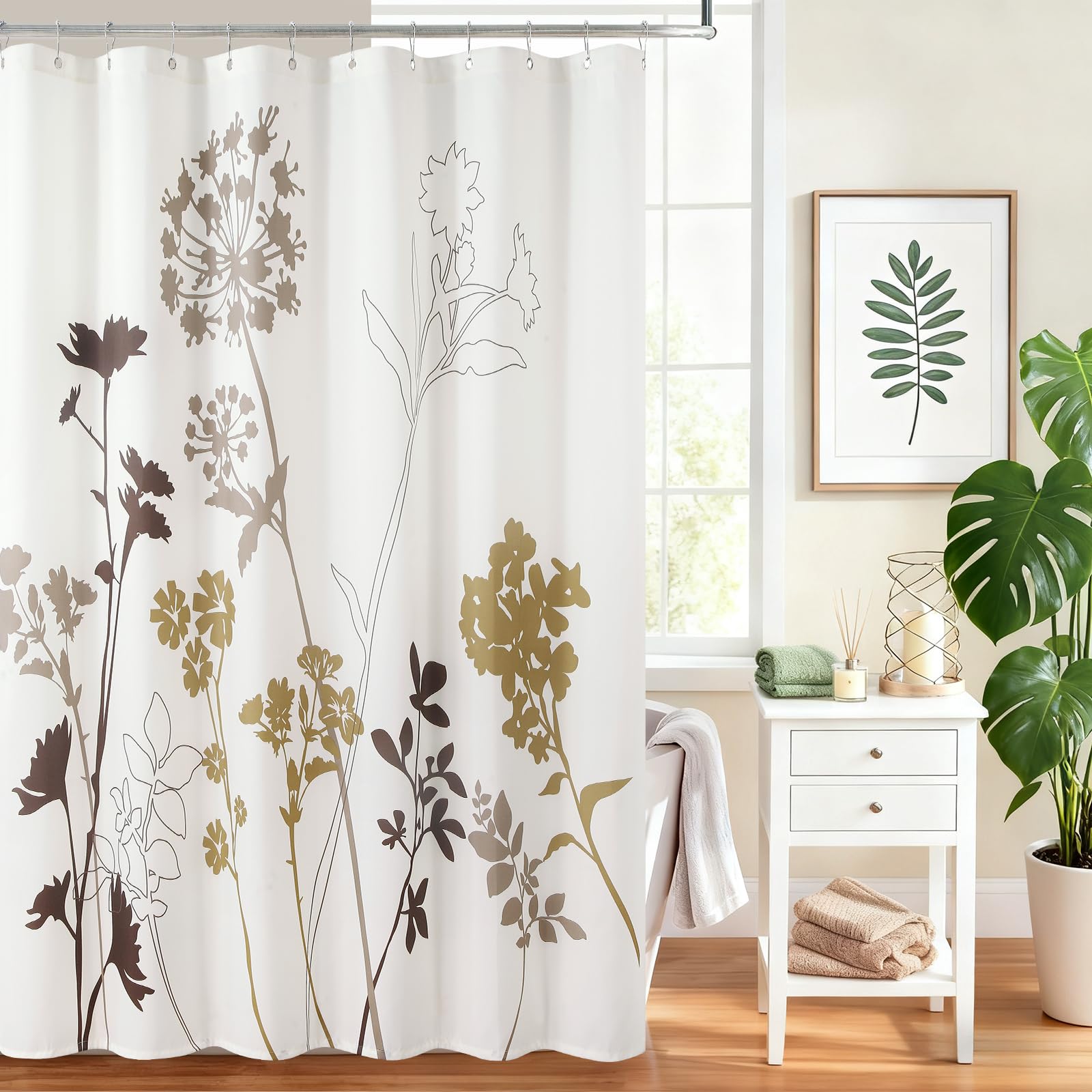 DS BATH Floral Fabric Shower Curtains for Bathroom, Cream Beige Brown Tan Flower Shower Curtain, Waterproof Washable Decorative Bathroom Curtains, 72"