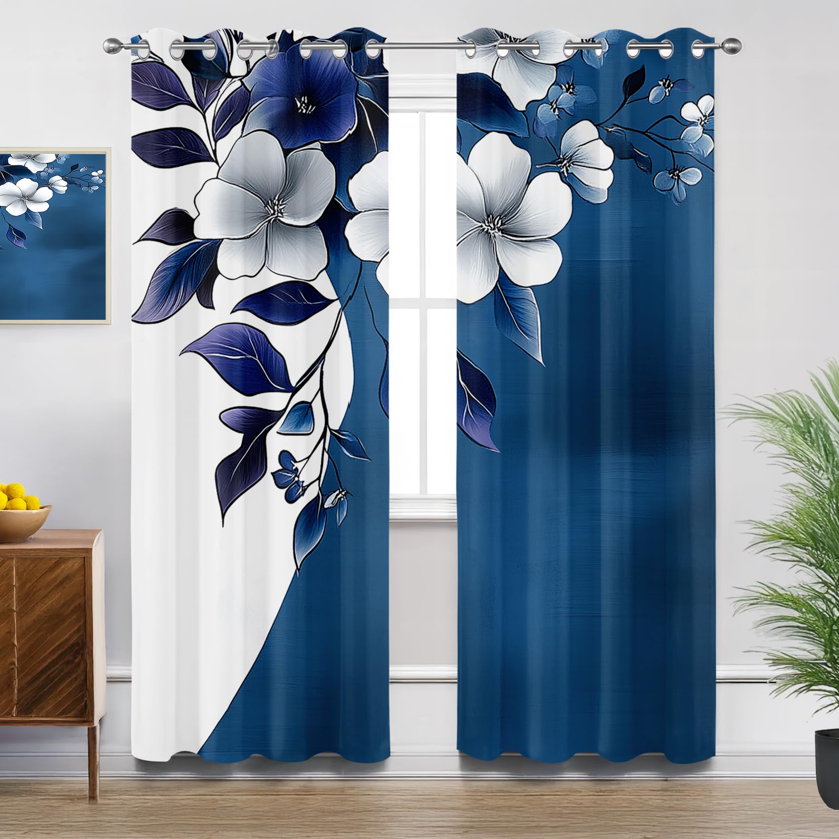 Modern Eyelet Curtains - Navy Blue White Flower Leaves Blackout Curtains for Living Room Bedroom, Thermal Insulated Soundproof Curtain, W66 X D54, 2 Panels Drapes Room Decorations
