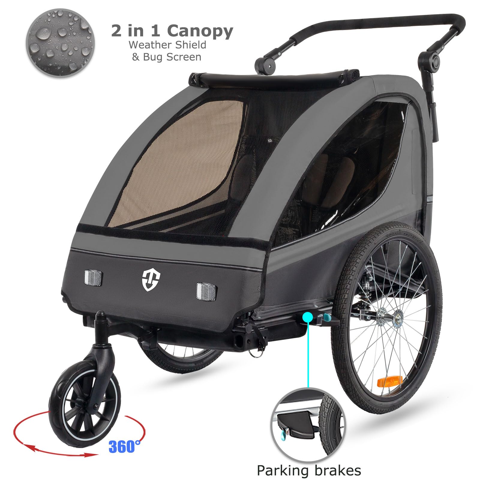 Tiggo Kinderanhänger 360° Drehbar mit Federung 2in1 Fahrradanhänger Buggy Set Jogger 5-Punkt Gurt für 1 bis 2 Kinder max. 40kg