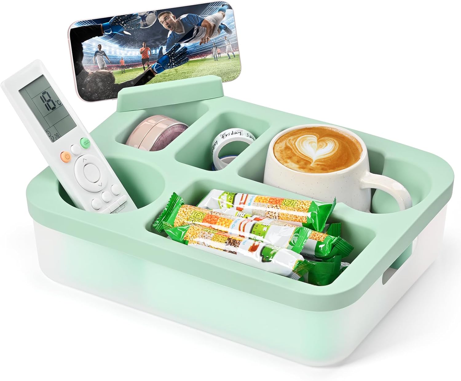 Couch Cup Holder Tray with Rotating Phone Stand & Anti-Spill Design, Silicone Sofa Caddy for Drinks, Remote, Snacks (Green, 11.8"x 9.05")