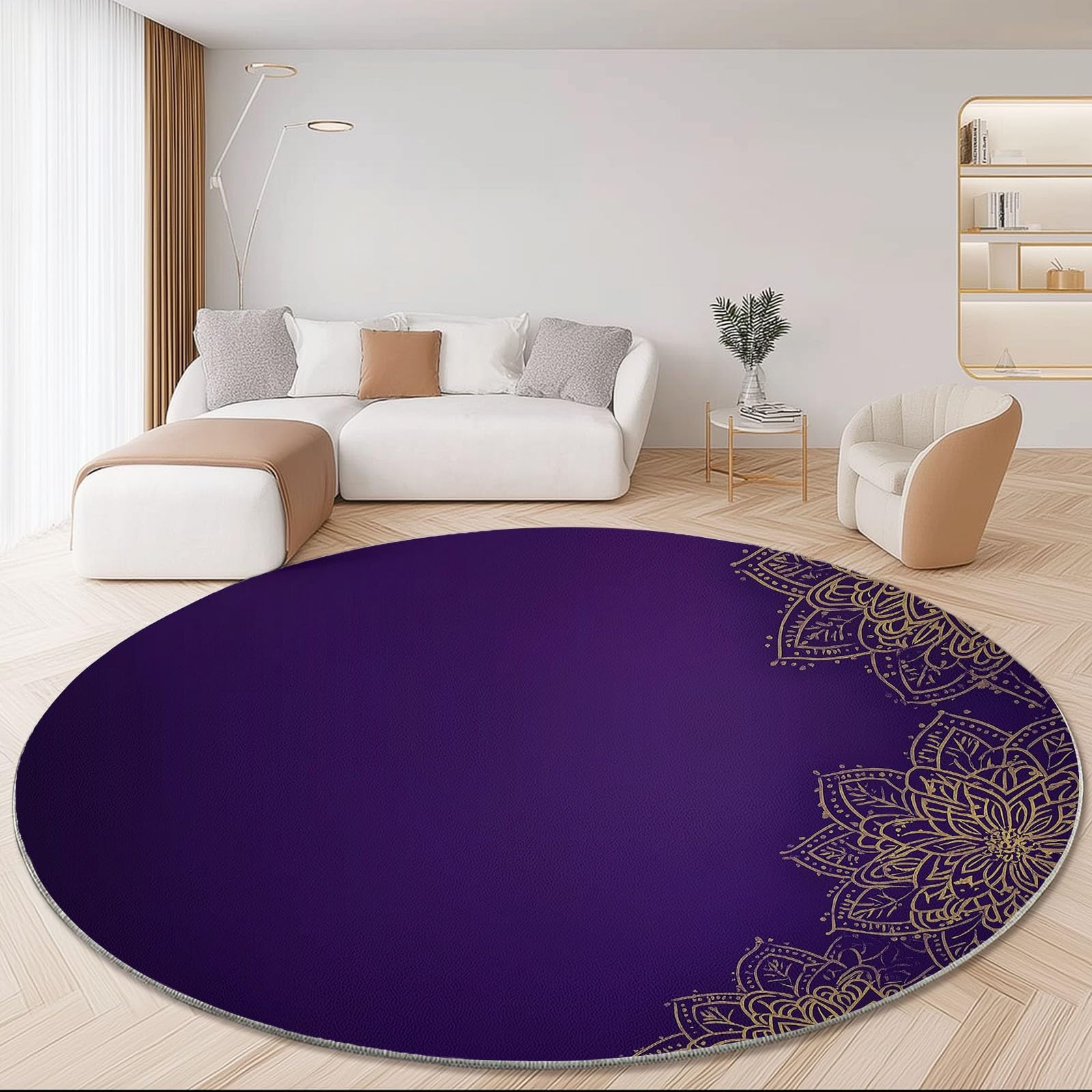 Teppich Wohnzimmer Rund 120 cm Teppich Schlafzimmer Gold Lila Kurzflor Wohnzimmerteppich Linien Mandala Blumen Waschbar rutschfest Rund für Wohnzimmer Schlafzimmer Esszimmer
