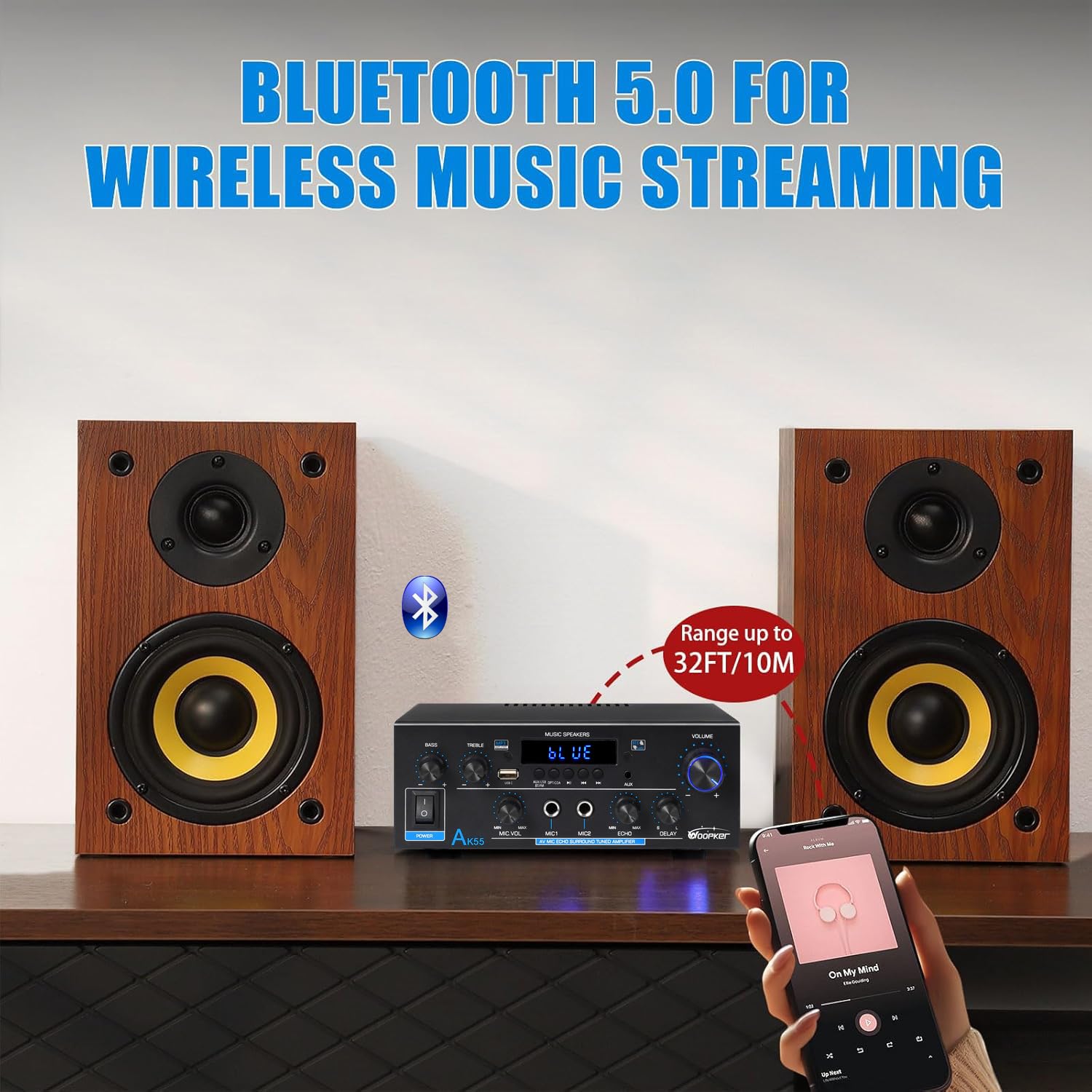 WOOPKER AK55 HiFi Verstärker Stereo Receiver 600W 2.0 Kanal Bluetooth UKW-Radio Opt AUX RCA USB 2 Mic Eingänge