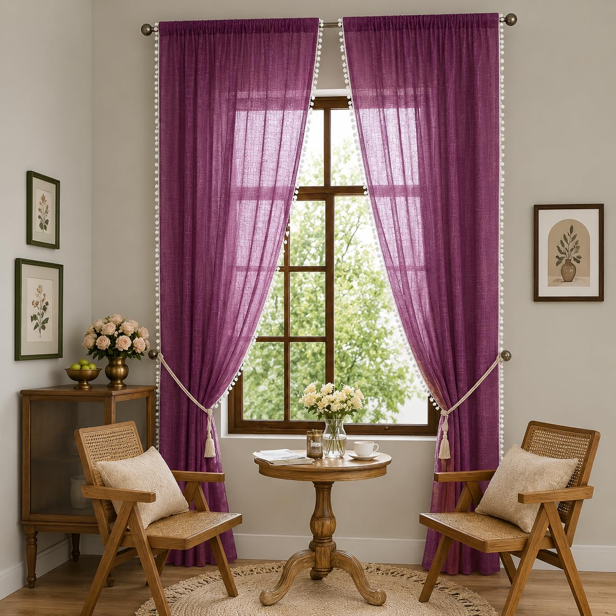 THE LINEN COMPANY Net Curtains Cotton Curtains with Pom Pom Lace Rod Pocket Sheer Curtains Light Filtering Curtains for Window Curtains Door Curtains Plum 6.5 Ft Pack of 2