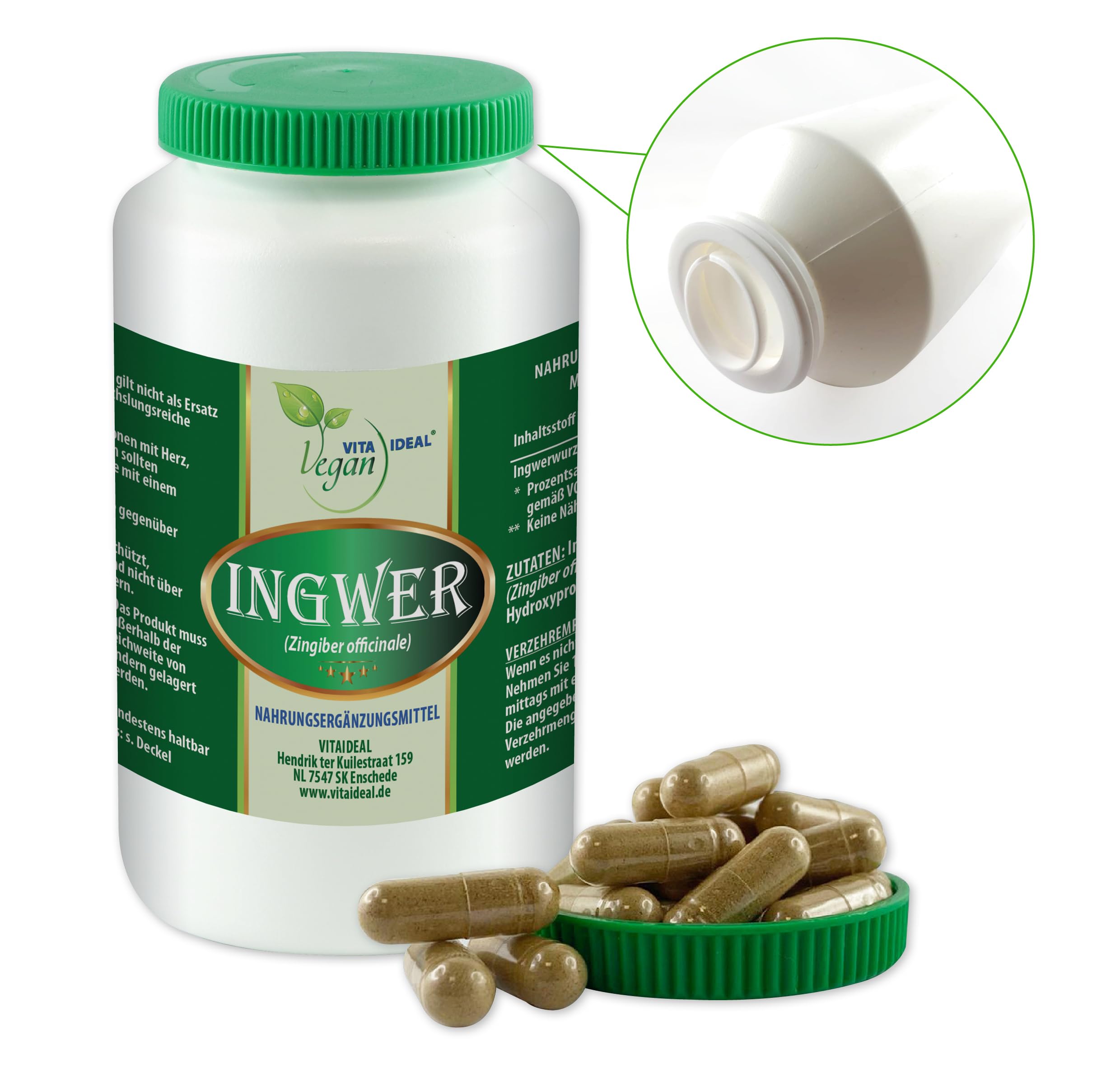 VITA IDEAL Vegan® INGWER - Wurzel 360 KAPSELN - Zingiber officinale - Imbir - Tagesportion 960mg INGWERWURZEL reines Pulver. Pflanzlich, natürlich & ohne Zusatzstoffe