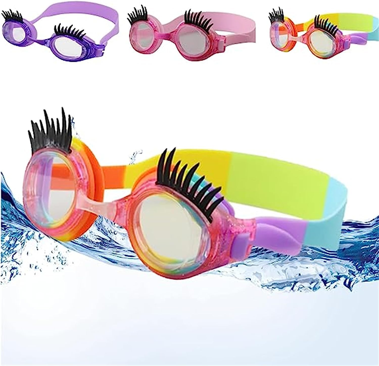 WRLCOVA Adult Swimming Goggles with Eyelashes, Anti-Fog, UV Protection, Purple, Yellow