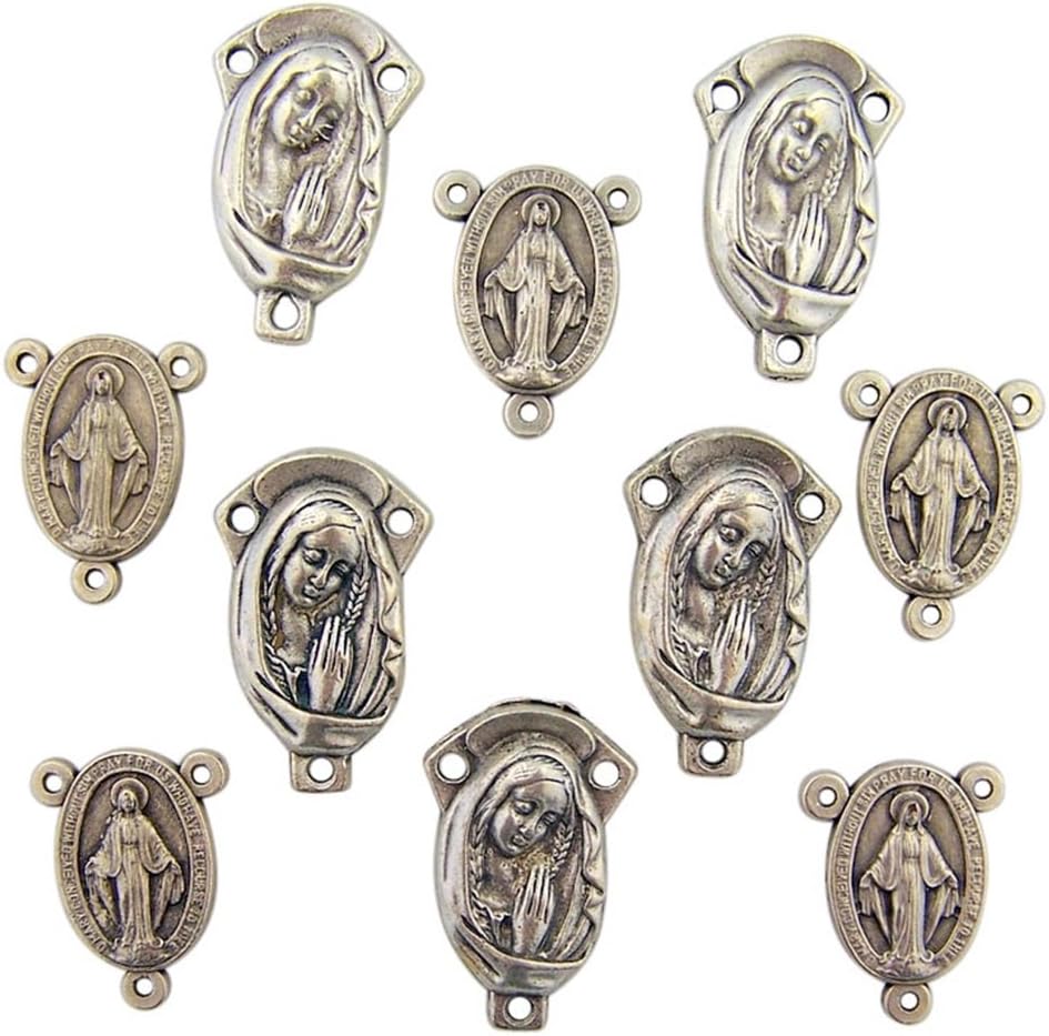 Religious Gifts Silver Tone Saint Mary with Miraculous Medal Rosary Centerpiece, Lot of 10, 1 1/4 Inch