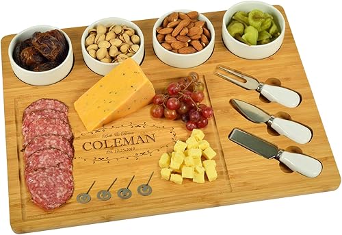 Miniatura 1 de Picnic at Ascot USA - Tabla de cortar de bambú grabada personalizada para queso y embutidos con 4 cuencos de cerámica, juego de cuchillos y
