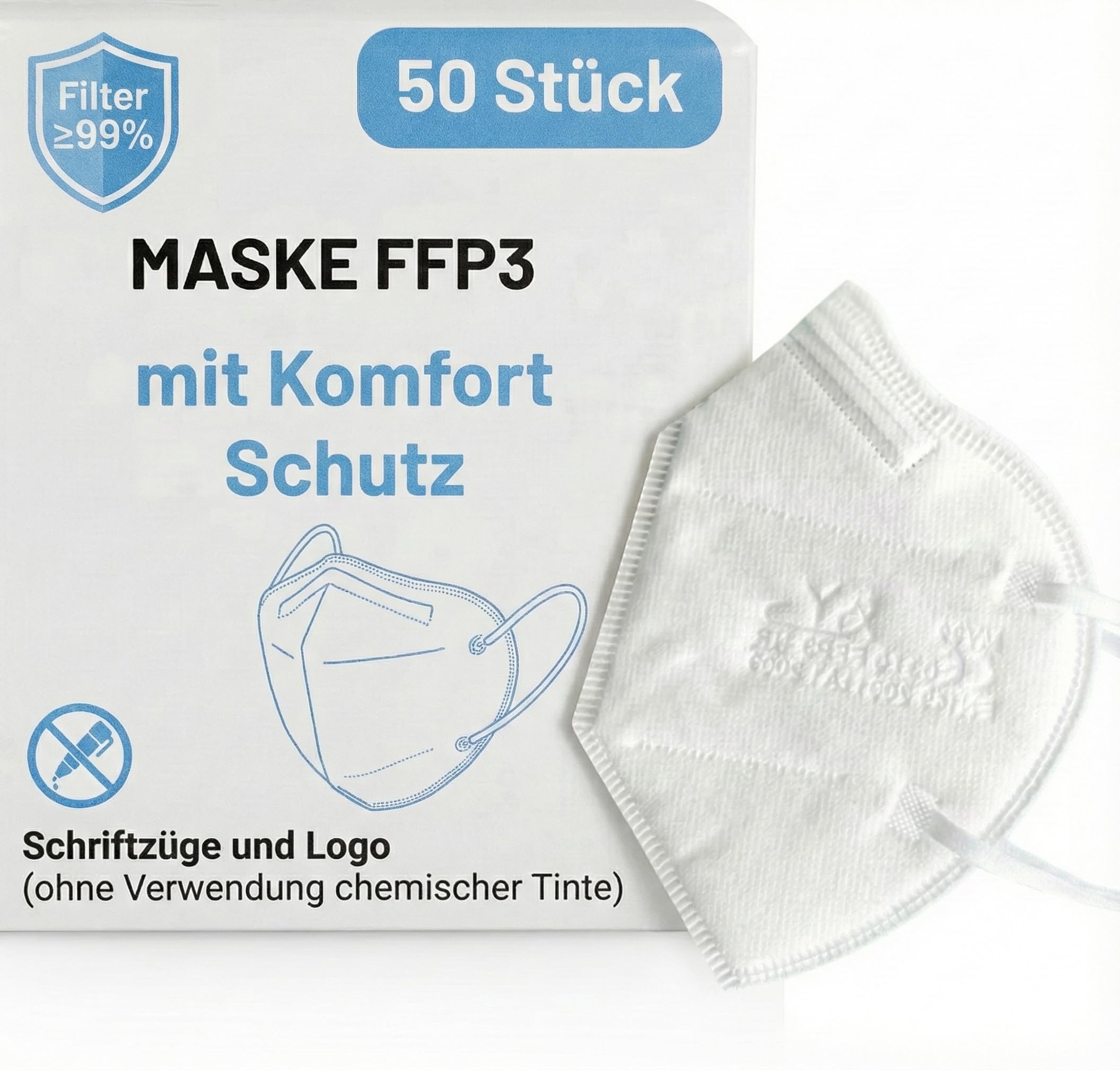 50 FFP3 Mund- und Nasenschutz Maske mit EC Zertifizierung, 5 Lagige Maske ohne Ventil, Staub- und Partikelschutzmaske, medizinische Schutzmaske mit hoher PFE-Filtereffizienz ≥ 99, 50 Atemschutzmaske